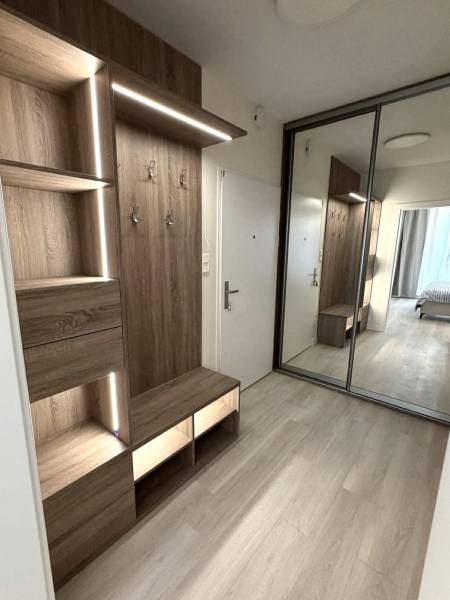2 izbový A.3.1.- 58,91 m2 Bell Residence  - Vstupná chodba v 2-izbovom byte s podlahou s dreveným dekorom a vstavanou skriňou.