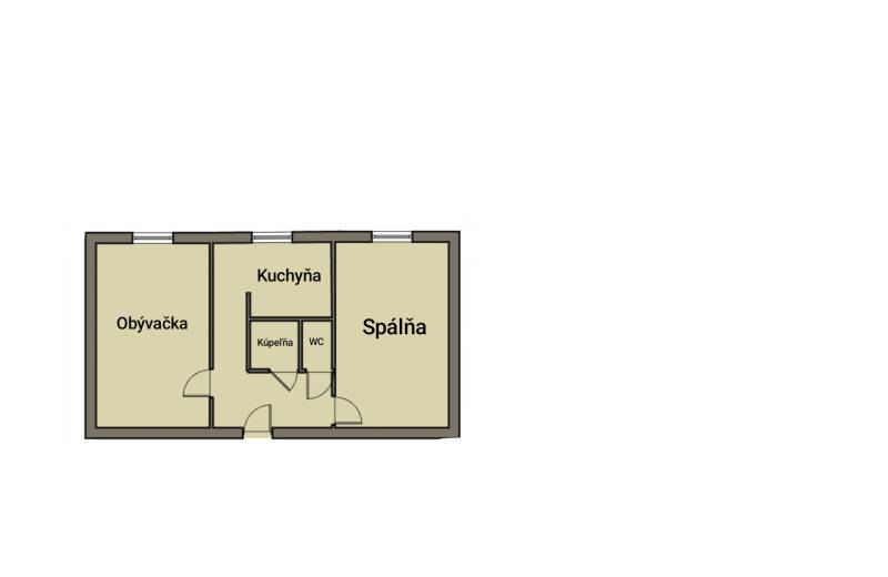 EXKLUZÍVNE! | Krásny 2-izbový byt | 52m² | Považanova - Pôdorys 2-izbového bytu s obývačkou, kuchyňou, spálňou, kúpeľňou a WC.
