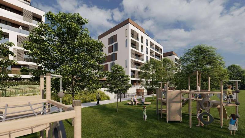Veľkometrážny 4i s panoramatickým výhľadom na Tatry - Moderná architektúra s ihriskom pred 4-izbovým bytom na Suchoňovej ulici, Poprad.
