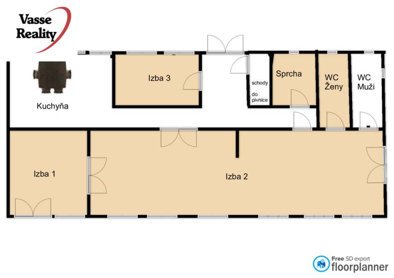  Podnikateľská príležitosť v obci Búč . - Pôdorys gastro priestorov s kuchyňou, tromi izbami a sociálnym zariadením.