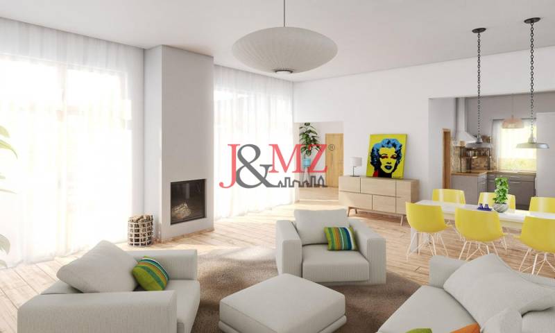 Na predaj výnimočný átriový rodinný dom s dvojgarážou v obci Dolná Seč - Interiér s podlahou s dreveným dekorom, pohodlným sedením a dekorom v rodinnom dome.