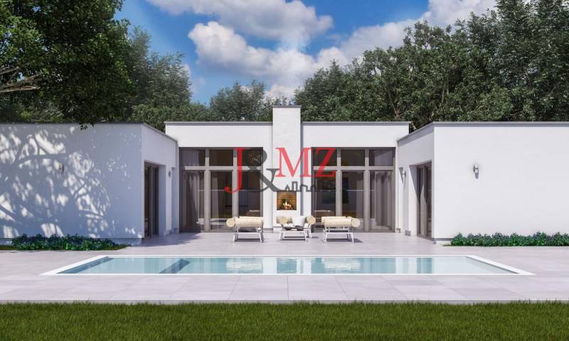 Na predaj výnimočný átriový rodinný dom s dvojgarážou v obci Dolná Seč - Rodinný dom v Dolnej Seči so záhradným bazénom a terasou obklopený zeleňou.