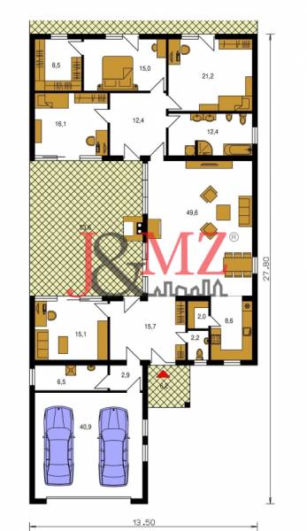 Na predaj výnimočný átriový rodinný dom s dvojgarážou v obci Dolná Seč - Pôdorys jednopodlažného rodinného domu s garážou a priestrannou obývacou izbou.