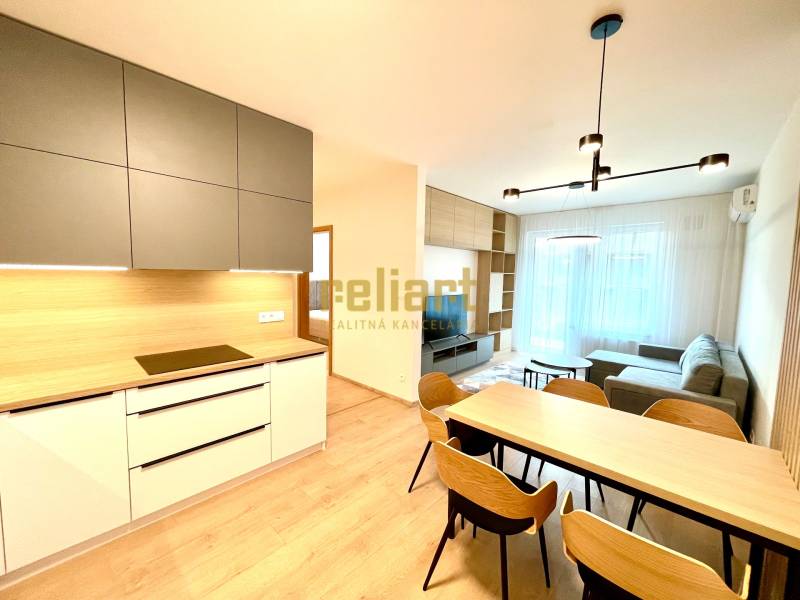 Bory:Na prenájom úplne nový, elegantný 2i byt/eng.text inside - Kuchyňa a obývačka v 2-izbovom byte s podlahou s dreveným dekorom a moderným nábytkom.