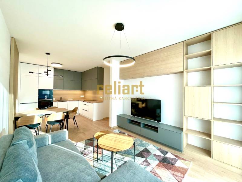 Bory:Na prenájom úplne nový, elegantný 2i byt/eng.text inside - Obývacia izba v 2-izbovom byte s kuchynským kútom a podlahou s dreveným dekorom.