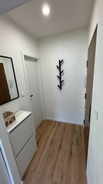 Exkluzívna ponuka moderného 1-izbového bytu s balkónom v meste Vráble - Predsieň s podlahou s dreveným dekorom, zrkadlom a vešiakom v 1-izbovom byte.