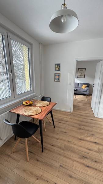 Exkluzívna ponuka moderného 1-izbového bytu s balkónom v meste Vráble - Jedálenský kút v 1-izbovom byte s podlahou s dreveným dekorom a jednoduchým nábytkom.