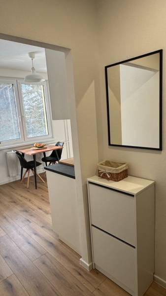 Exkluzívna ponuka moderného 1-izbového bytu s balkónom v meste Vráble - Jednoduchá predsieň so zrkadlom a výhľadom do kuchyne, v 1-izbovom byte.