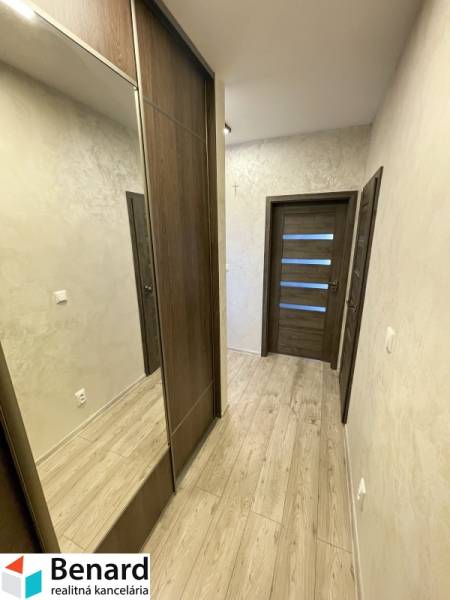 KOŠICE-2 IZBOVÝ BYT,NOVOSTAVBA,KOMPLET ZARIADENÝ,VL.PARK. MIESTO - Chodba s podlahou s dreveným dekorom, vstavanou skriňou a dverami v 2-izbovom byte.