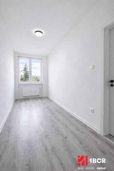 NOVÁ KOMPLET. REK., 3–IZB. BYT, PIVNICA, BALKÓN, DUKELSKÁ, BERNOLÁKOVO - Úzka miestnosť s veľkým oknom a podlahou s dreveným dekorom v 3-izbovom byte.