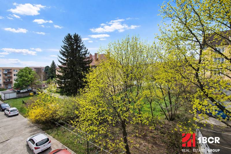 NOVÁ KOMPLET. REK., 3–IZB. BYT, PIVNICA, BALKÓN, DUKELSKÁ, BERNOLÁKOVO - Výhľad z 3-izbového bytu na Dukelskej ulici v Bernolákove s bujnou vegetáciou.