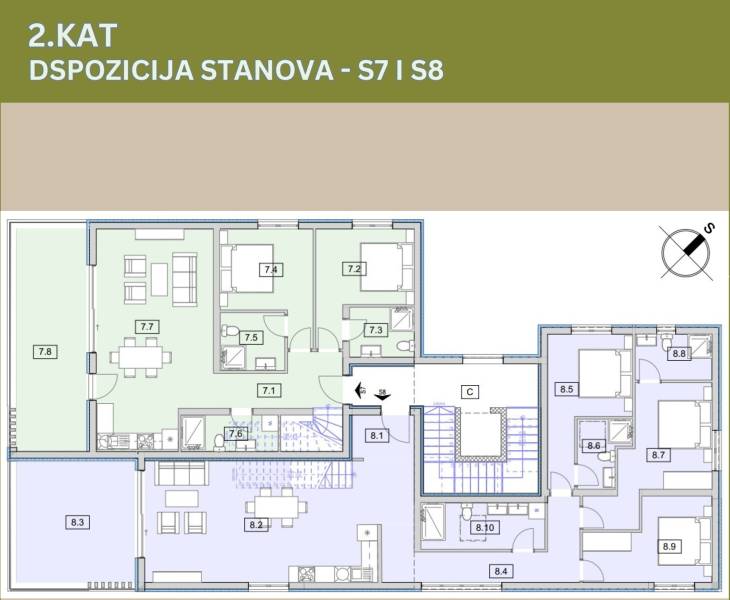 CHORVÁTSKO - Moderné apartmány 80 m od mora - SRIMA, VODICE - Pôdorys 3-izbového bytu s izbou, kuchyňou a kúpeľňou.