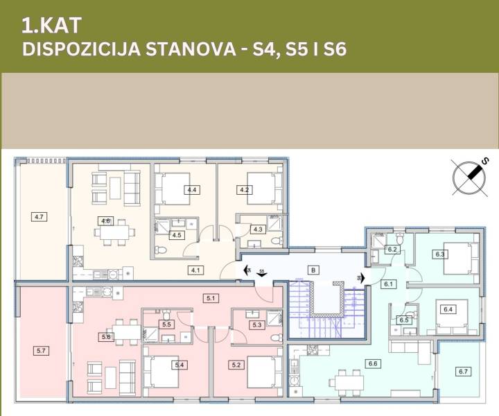 CHORVÁTSKO - Moderné apartmány 80 m od mora - SRIMA, VODICE - Dispozícia 3-izbového bytu ukazuje rozloženie izieb a kuchýň.