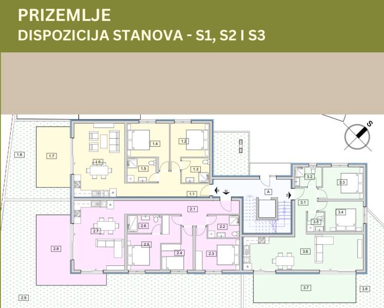 CHORVÁTSKO - Moderné apartmány 80 m od mora - SRIMA, VODICE - Pôdorys zobrazuje dispozíciu troch 3-izbových bytov v prízemí budovy.