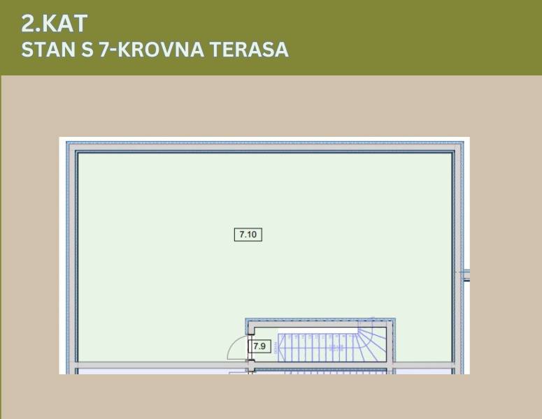 CHORVÁTSKO - Moderné apartmány 80 m od mora - SRIMA, VODICE - Schéma strešnej terasy 3-izbového bytu na druhom poschodí s označením miestností.