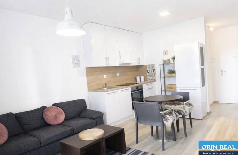 Na predaj 1,5 izbový apartmán v BA III Malokrasňanská 42,34m2 - Obývacia izba s kuchyňou v 2-izbovom byte, podlaha s dreveným dekorom.