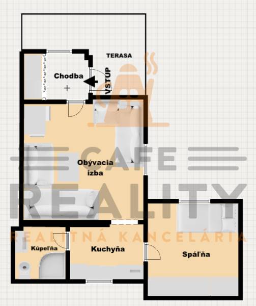 Na predaj 2 izbový murovaný domček, Bratislava, Záhorská Bystrica - Pôdorys 2-izbového bytu s chodbou, terasou, obývacou izbou a kuchyňou.