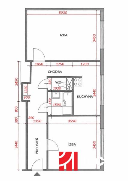 NOVO KOMPLET. PREROBENÝ 2 – IZB. BYT, PIVNICA ,LATORICKÁ, BRATISLAVA - Pôdorys 2-izbového bytu s rozložením izieb a kuchyne.
