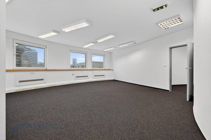 Kancelárie od 20m2 na PRENÁJOM | TOP biznis lokalita - Prázdna kancelária s kobercom, bielymi stenami a osvetlením.