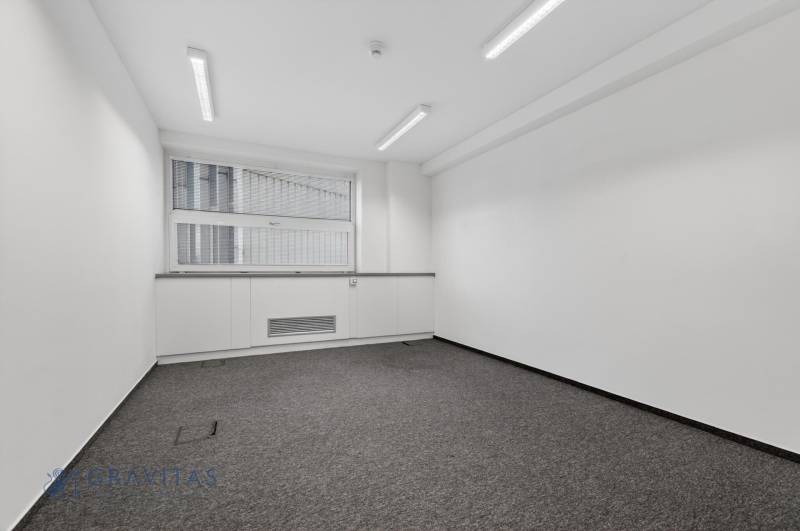Kancelárie od 20m2 na PRENÁJOM | TOP biznis lokalita - Prázdna kancelária s kobercovou podlahou, výhľadom a bielymi stenami.