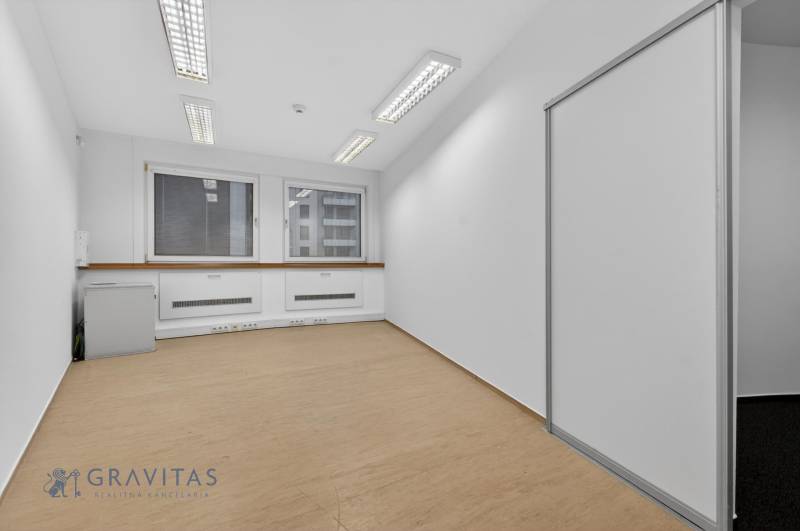 Kancelárie od 20m2 na PRENÁJOM | TOP biznis lokalita - Kancelárie s podlahou s dreveným dekorom a oknami, vybavené osvetlením.