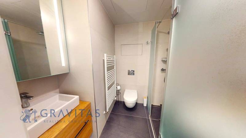 PREDAJ 2i byt SKY Park veža 2 Bratislava downtown - Kúpeľňa v 2-izbovom byte s umývadlom, sprchovacím kútom a toaletou.