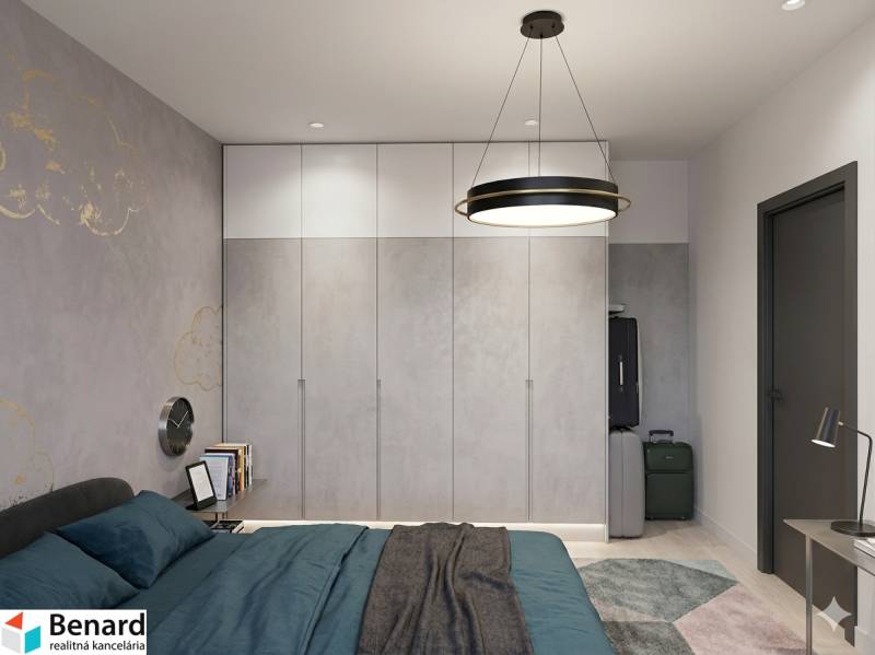 NA PREDAJ 3-IZBOVÝ BYT  S LODŽIOU, 67m2,  OKTÓBROVÁ ul,, PREŠOV - Spálňa v 3-izbovom byte so vstavanými skriňami a elegantným osvetlením.