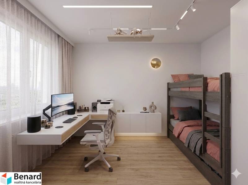 NA PREDAJ 3-IZBOVÝ BYT  S LODŽIOU, 67m2,  OKTÓBROVÁ ul,, PREŠOV - Izba v 3-izbovom byte s posteľami a pracovným stolom, podlaha s dreveným dekorom.