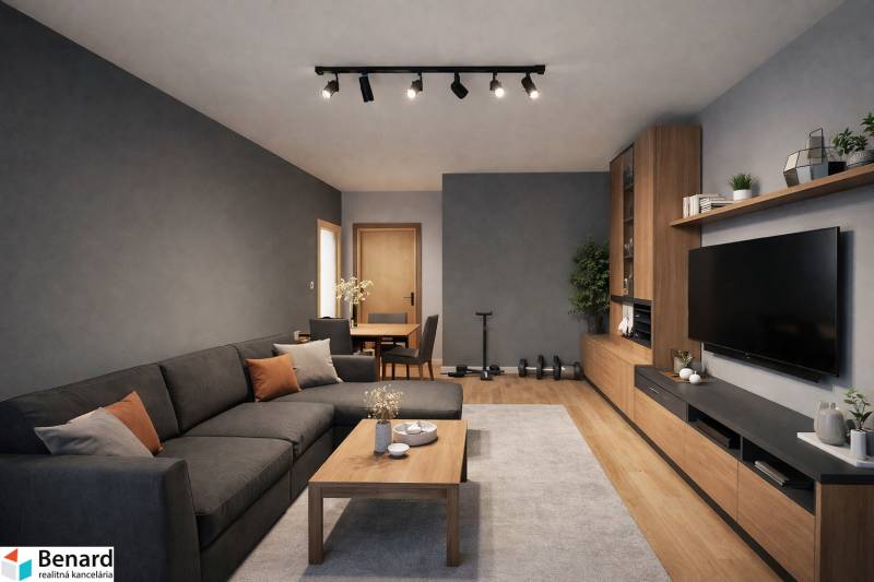 NA PREDAJ 3-IZBOVÝ BYT  S LODŽIOU, 67m2,  OKTÓBROVÁ ul,, PREŠOV - Obývačka v 3-izbovom byte s tmavým gaučom a podlahou s dreveným dekorom.