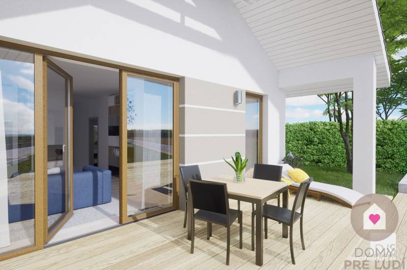 Krásny 4 izbový RD bungalov 101,65 m2 na pozemku 531 m2, Senec - Terasa rodinného domu s podlahou s dreveným dekorom, otváračkami a záhradným nábytkom.