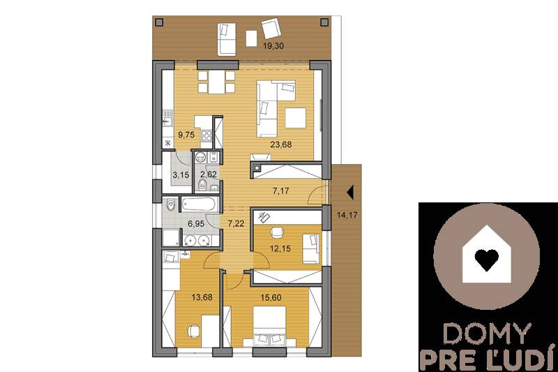 Krásny 4 izbový RD bungalov 101,65 m2 na pozemku 531 m2, Senec - Pôdorys rodinného domu s podlahou s dreveným dekorom a priestrannými miestnosťami.