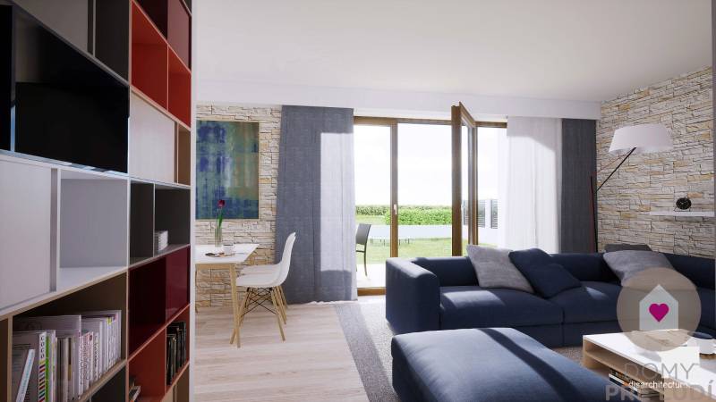 Krásny 4 izbový RD bungalov 101,65 m2 na pozemku 531 m2, Senec - Obývacia izba v rodinnom dome s podlahou s dreveným dekorom, modrou sedačkou a presklenými dverami.