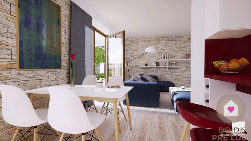 Krásny 4 izbový RD bungalov 101,65 m2 na pozemku 531 m2, Senec - Obývacia izba v Rodinnom dome s podlahou s dreveným dekorom a kamennými stenami.