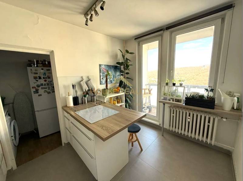 Pekný zariadený 3 izbový byt s lodžiou, Púpavová ulica, BA.Karlova Ves - Kuchyňa s ostrovom, rastlinami a veľkým oknom v 3-izbovom byte.