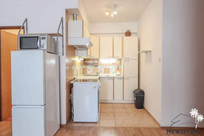 Na prenájom 2 izbový byt v Piešťanoch - Kuchynská linka s chladničkou a mikrovlnkou v 2-izbovom byte, podlaha s dreveným dekorom.
