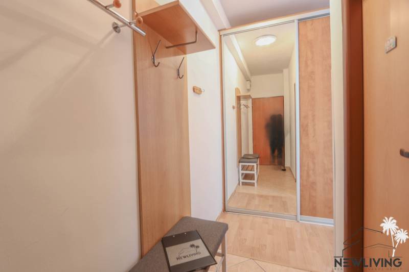 Na prenájom 2 izbový byt v Piešťanoch - Chodba v 2-izbovom byte s podlahou s dreveným dekorom a vstavanou skriňou.