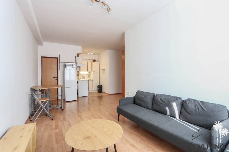 Na prenájom 2 izbový byt v Piešťanoch - Obývačka v 2-izbovom byte s podlahou s dreveným dekorom a šedou pohovkou.