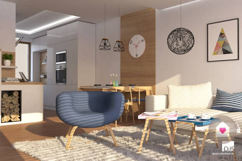 Praktický a úsporný rodinný dom v Bernolákove, Jelšova - Obývačka v rodinnom dome s kobercom, kreslom a jedálenským stolom, podlaha s dreveným dekorom.