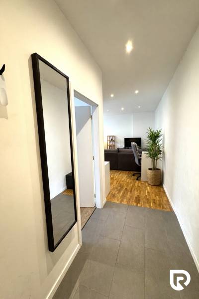 Tichý 2i byt v TOP Lokalite Nív | Trenčianska, BA - Chodba s podlahou s dreveným dekorom, zrkadlom a rastlinou v 2-izbovom byte.