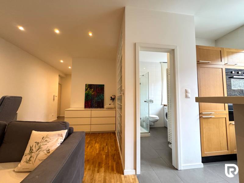 Tichý 2i byt v TOP Lokalite Nív | Trenčianska, BA - Obývacia miestnosť s podlahou s dreveným dekorom, kúpeľňou a kuchynskou linkou v 2-izbovom byte.