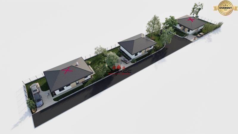 4iz RD (v štandarde + zámková dlažba, terasa) Drahovce - Vizualizácia troch rodinných domov na ulici Kostolná v Drahovciach so zeleňou a parkovacími miestami.