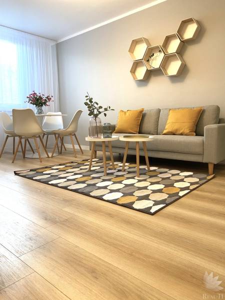 Dizajnový moderný 2 izbový byt Jurigovo nám. Bratislava IV Karlova Ves - 2-izbový byt s podlahou s dreveným dekorom, pohovkou, jedálenským stolom a geometrickými poličkami.