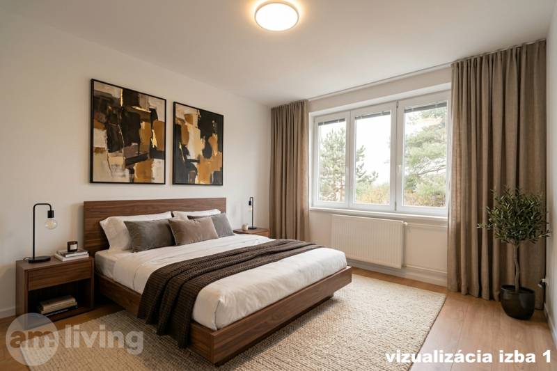 KOMPLETNÁ REKONŠTRUKCIA- 3i 54 m² + balkón - Dubnica nad Váhom - Spálňa v 3-izbovom byte so štýlovou posteľou, obrazy na stene, veľké okno.