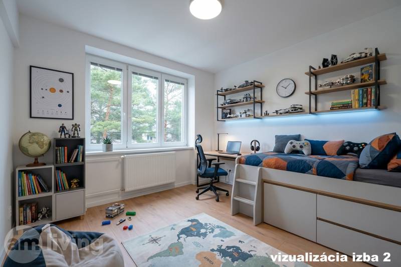 KOMPLETNÁ REKONŠTRUKCIA- 3i 54 m² + balkón - Dubnica nad Váhom - Detská izba v 3-izbovom byte s podlahou s dreveným dekorom a policami plnými hračiek.