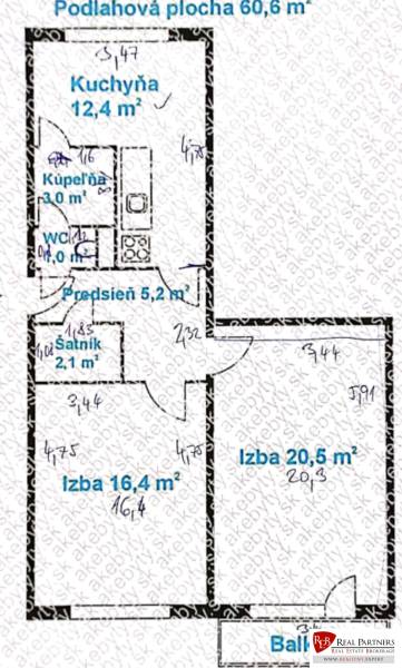 Prenájom 2-izbového bytu Bratislava II, Ružinov - Plán 2-izbového bytu s podlahovou plochou 60,6 m², obsahuje kuchyňu, kúpeľňu, WC a balkón.