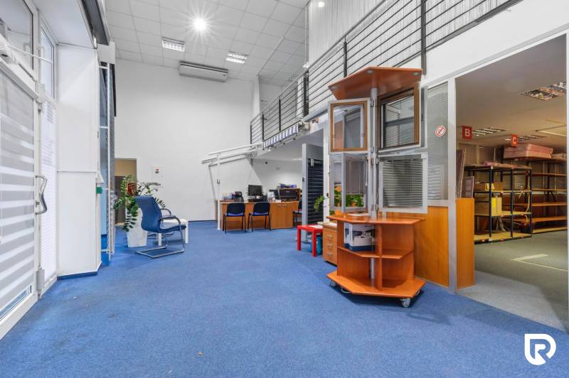 Showroom/kancelárie 357 m², Zadunajská cesta, Petržalka, BA - Obchodné priestory s modrým kobercom, kancelárskym nábytkom a rastlinami.