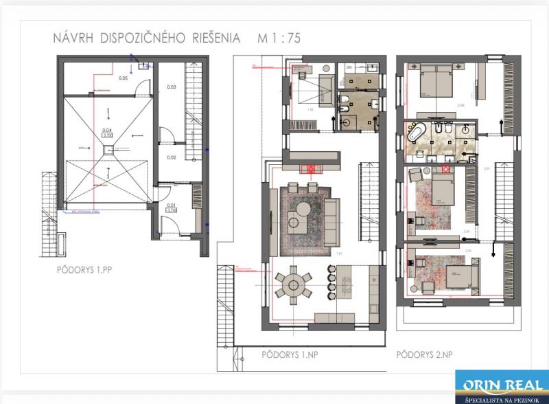 ATRAKTÍVNA MODERNÁ 5 IZB.ROZOSTAVANÁ VILA na KOLIBE - Pôdorysy pre rodinný dom s tromi podlažiami a detailným usporiadaním interiéru.
