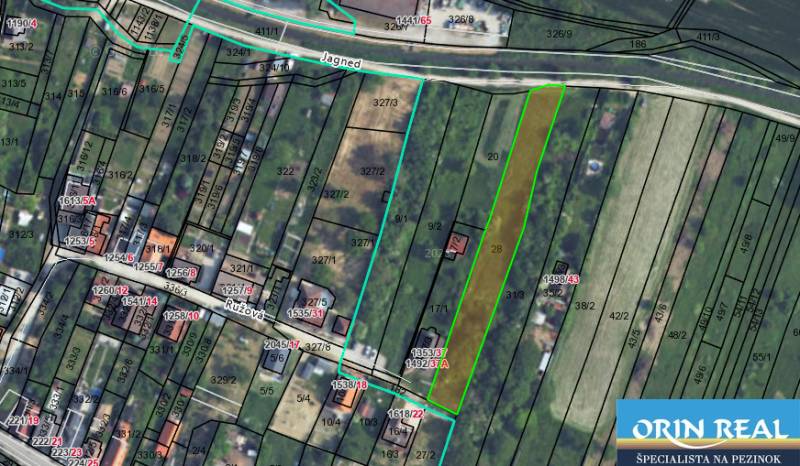 PREDAJ INVESTIČNÉHO POZEMKU V ŠENKVICIACH NA VÝSTAVBU RD - 2197 m2 - Mapa pozemkov na bývanie v Šenkviciach na Ružovej ulici s parcelami a hranicami.