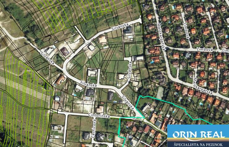 ,,,REZERVOVANÝ,,,PREDAJ SP V LIMBACHU - 1165 m2 - Plán zobrazujúci ulicu Cintorínska a Pozemky - bývanie v rezidenčnej štvrti.