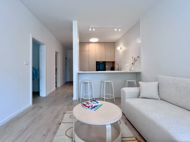 NUERA︱NOVÝ RUŽINOV - kompletne zariadený 2-izbový apartmán so záhradou - Obývačka v 2-izbovom byte s pohovkou, kuchynským pultom a podlahou s dreveným dekorom.